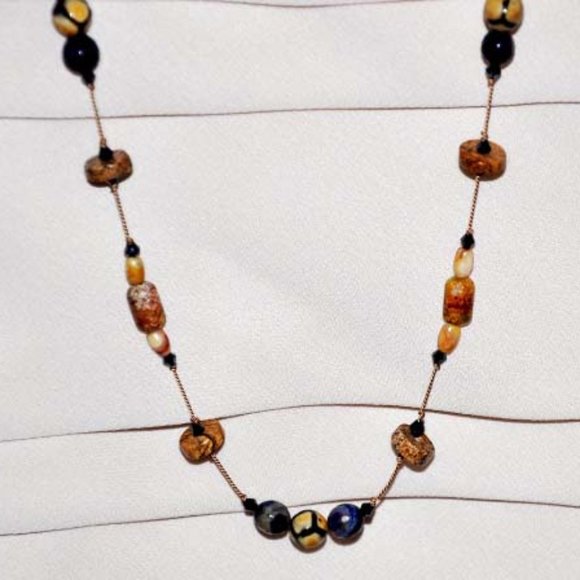 Handmade Handknotted Navy Blue & Tan Agate Double Strand Beaded Necklace 52 Inch - Picture 2 of 5